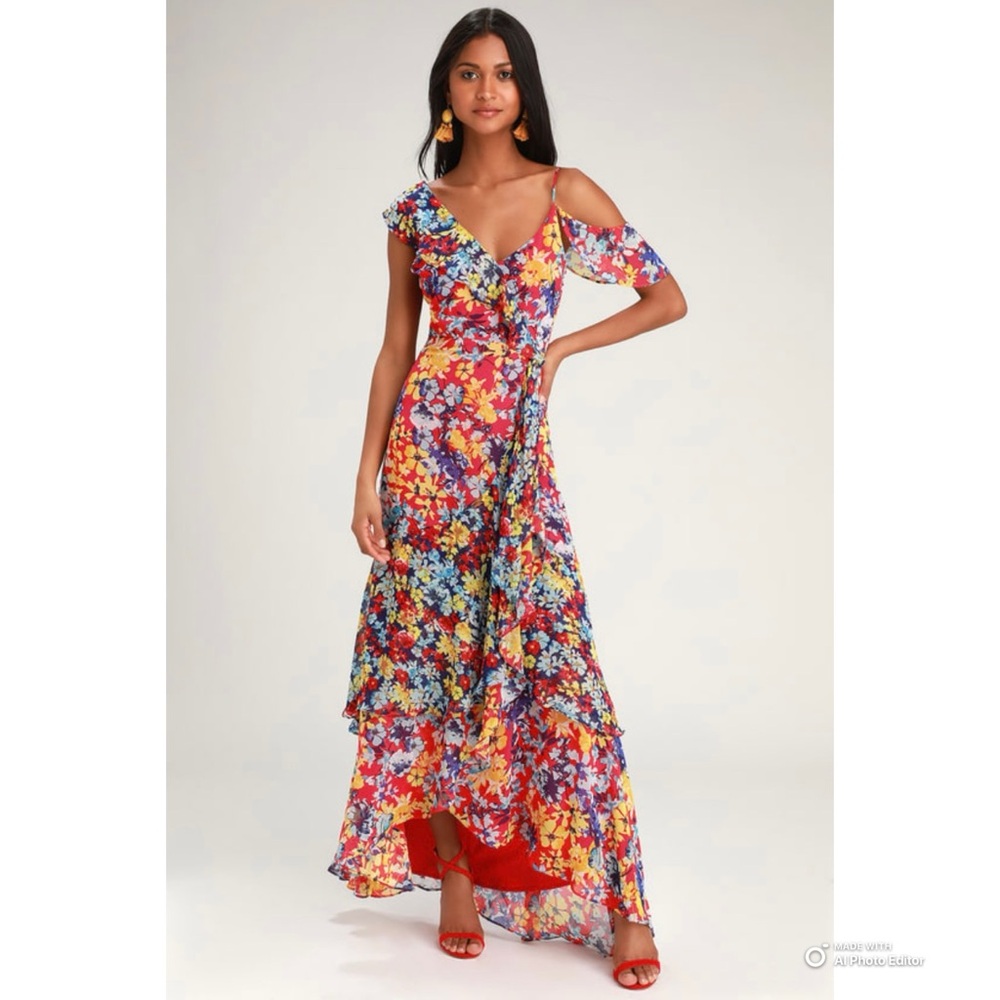 Lulus Small Radiant Ruby Red Floral Print Chiffon Maxi Dress NWT Party Dress